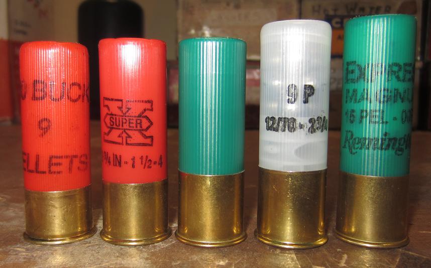 Left to right, Estate 2.75&quot; 00B, Winchester 2.75&quot; 1 1/2oz #4 shot, Remington 2.75&quot; Slugger, Rio Royal 2.75&quot; 00B, and Remington 3&quot; Magnum 00B.